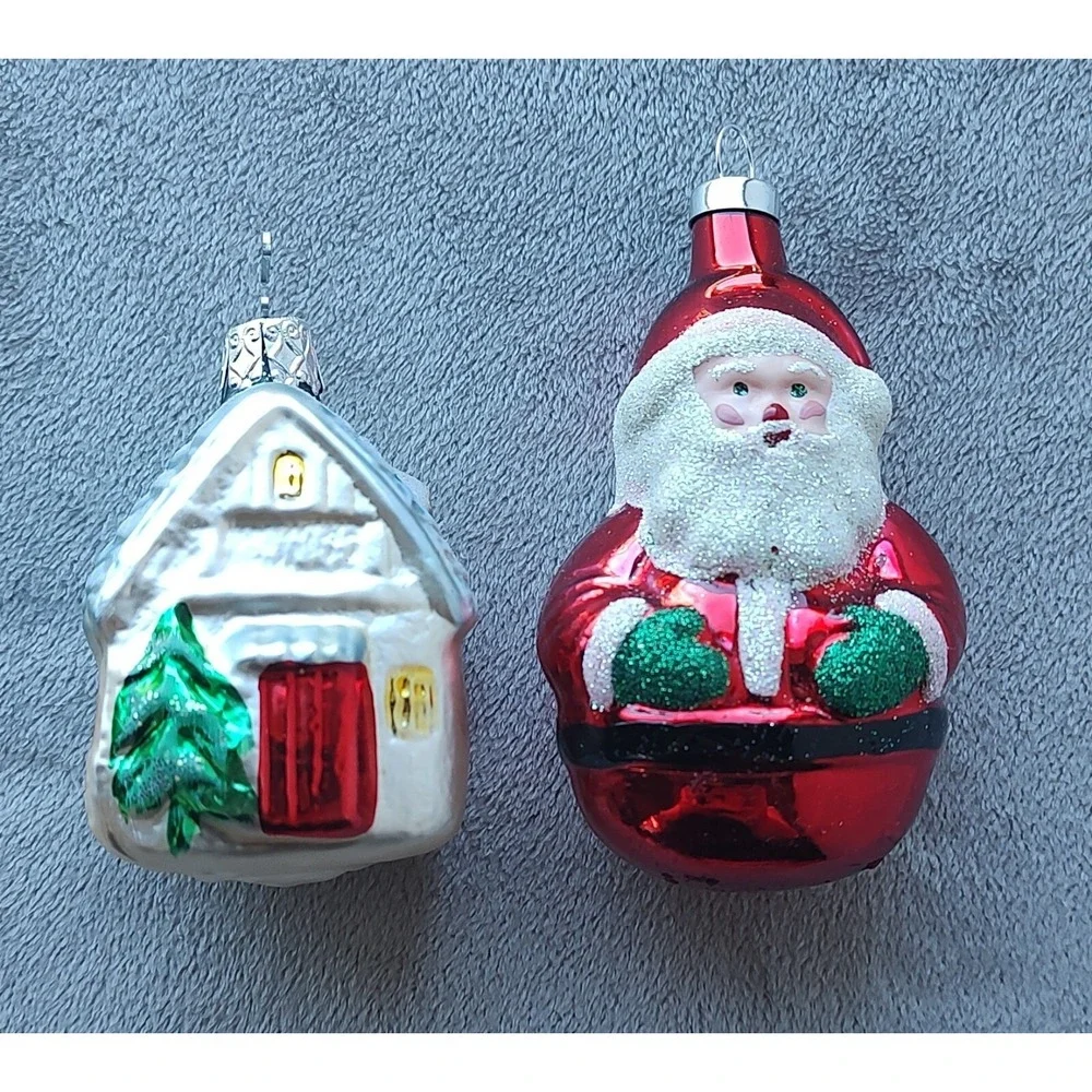 Santa Claus And White House Vintage Glass Christmas Ornaments Set Of 2 B3